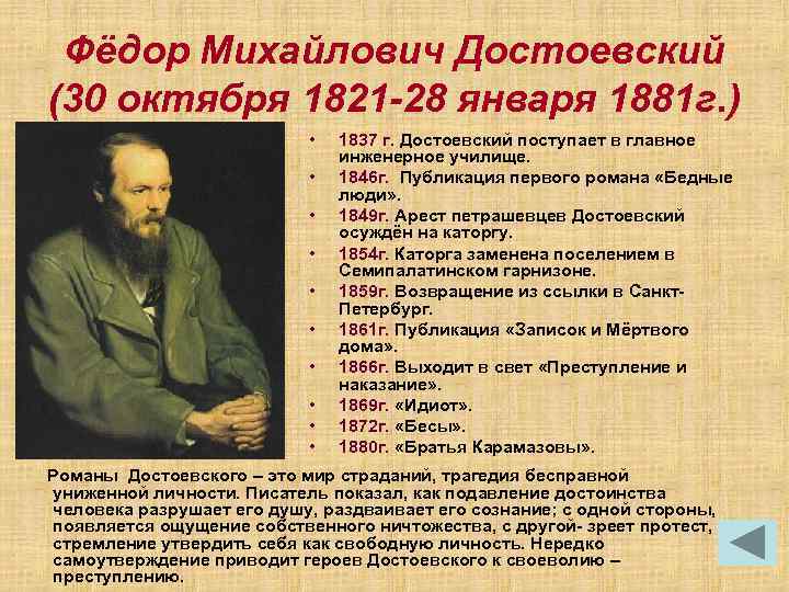 Фёдор Михайлович Достоевский (30 октября 1821 -28 января 1881 г. ) • • •