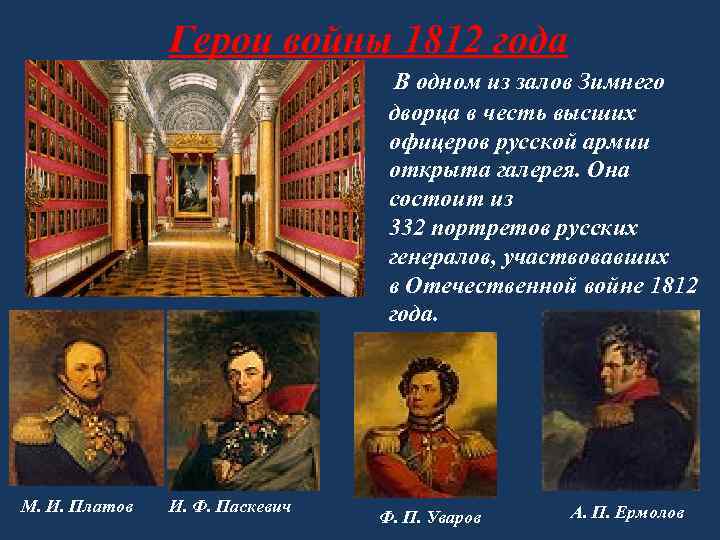 Герои войны 1812 года В одном из залов Зимнего дворца в честь высших офицеров