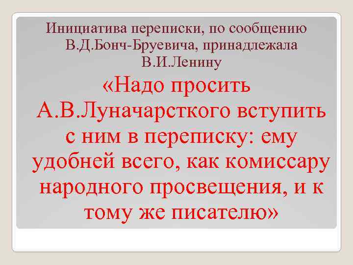 Инициатива переписки, по сообщению В. Д. Бонч-Бруевича, принадлежала В. И. Ленину «Надо просить А.
