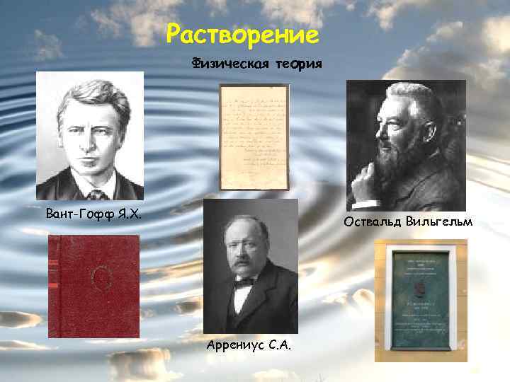 Растворение Физическая теория Вант-Гофф Я. Х. Оствальд Вильгельм Аррениус С. А. 