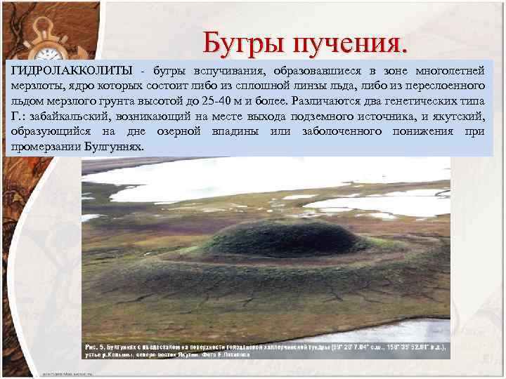 Бугры пучения. ГИДРОЛАККОЛИТЫ - бугры вспучивания, образовавшиеся в зоне многолетней мерзлоты, ядро которых состоит