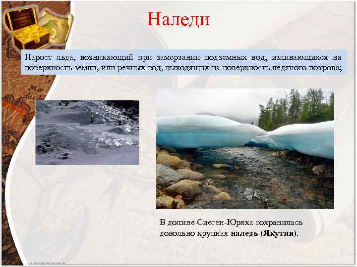 Наледи Нарост льда, возникающий при замерзании подземных вод, изливающихся на поверхность земли, или речных