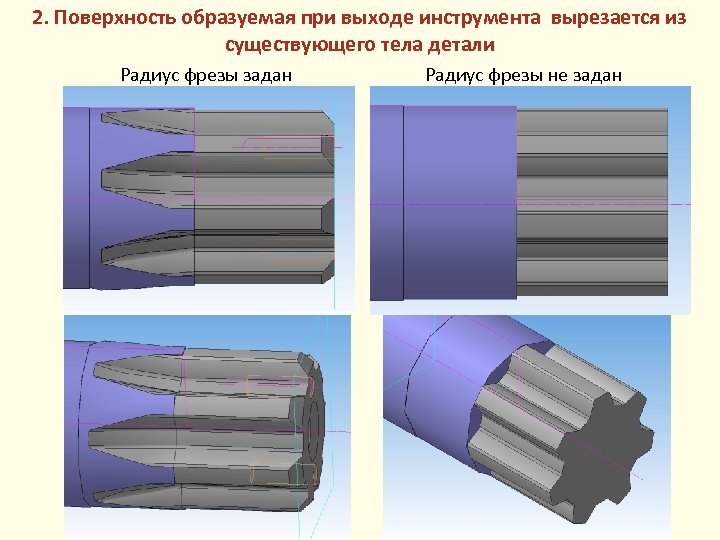 2. Поверхность образуемая при выходе инструмента вырезается из существующего тела детали Радиус фрезы задан