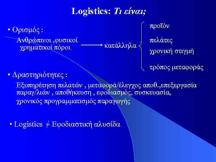 Logistics: Τι είναι; προϊόν • Ορισμός : Ανθρώπινοι , φυσικοί χρηματικοί πόροι κατάλληλα •