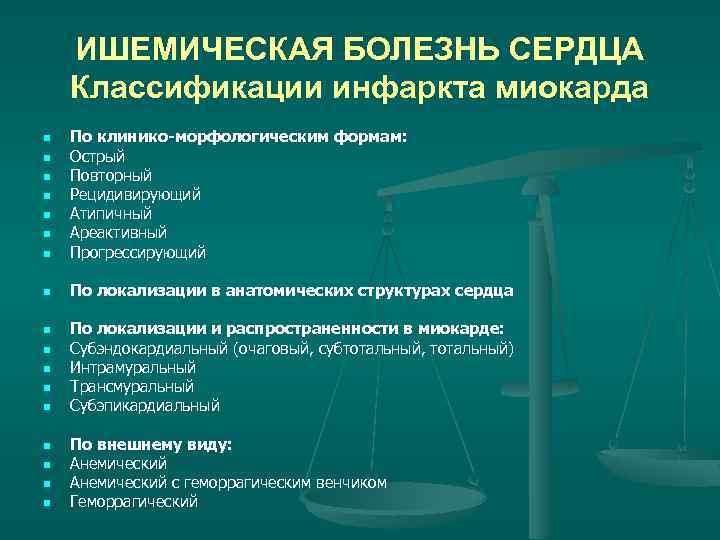ИШЕМИЧЕСКАЯ БОЛЕЗНЬ СЕРДЦА Классификации инфаркта миокарда n n n n По клинико-морфологическим формам: Острый