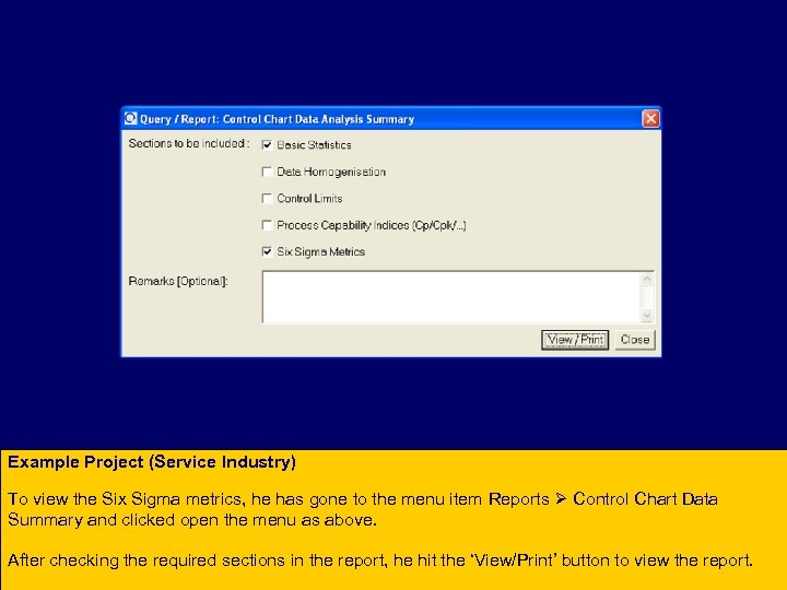 Example Project (Service Industry) To view the Six Sigma metrics, he has gone to