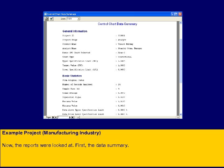 Example Project (Manufacturing Industry) Now, the reports were looked at. First, the data summary.