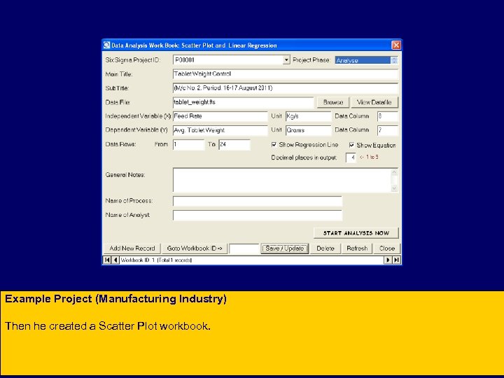 Example Project (Manufacturing Industry) Then he created a Scatter Plot workbook. 