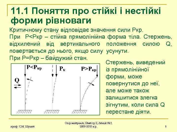 11. 1 Поняття про стійкі і нестійкі форми рівноваги Критичному стану відповідає значення сили
