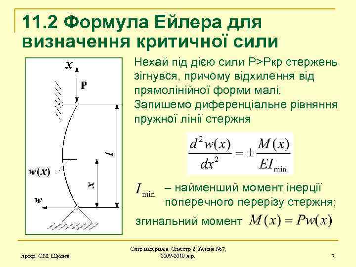11. 2 Формула Ейлера для визначення критичної сили Нехай під дією сили P>Pкр стержень