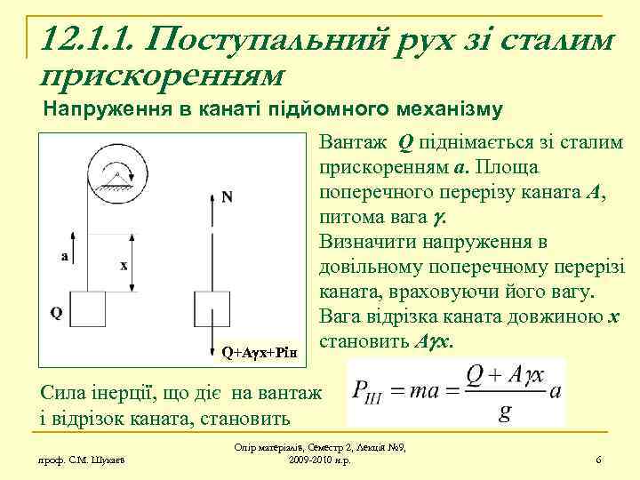 12. 1. 1. Поступальний рух зі сталим прискоренням Напруження в канаті підйомного механізму Q+A