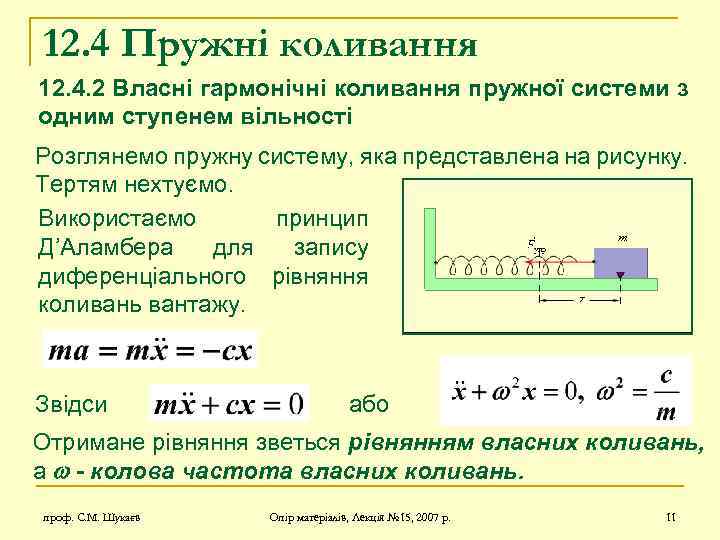 12. 4 Пружні коливання 12. 4. 2 Власні гармонічні коливання пружної системи з одним