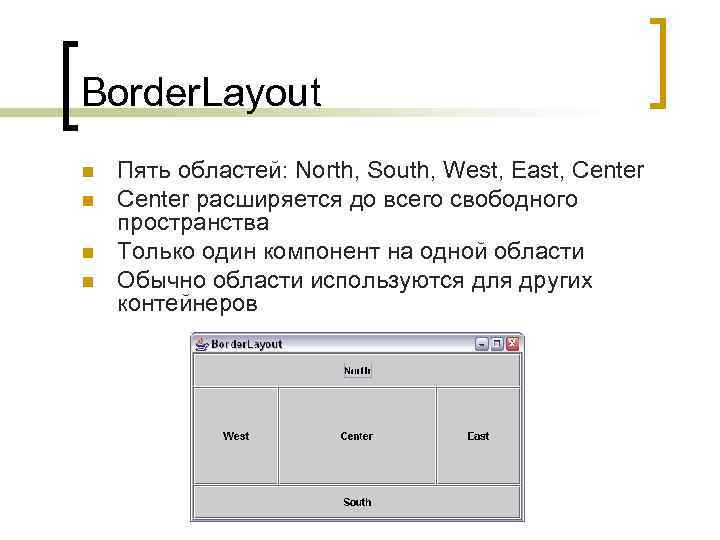 Border. Layout n n Пять областей: North, South, West, East, Center расширяется до всего