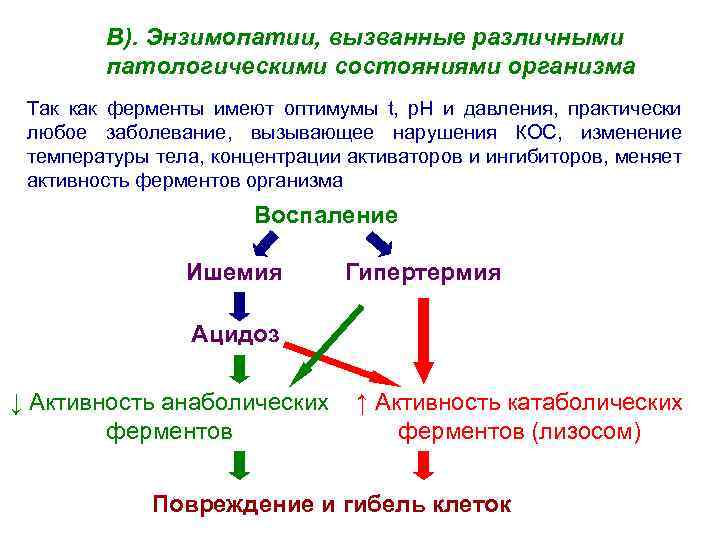 В). Энзимопатии, вызванные различными патологическими состояниями организма Так как ферменты имеют оптимумы t, р.