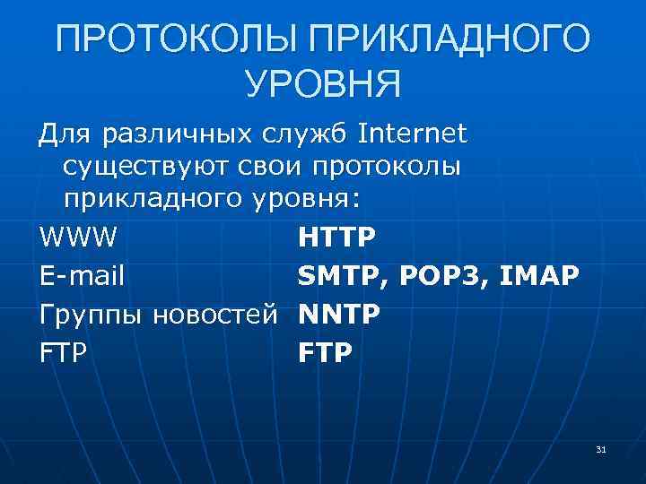 ПРОТОКОЛЫ ПРИКЛАДНОГО УРОВНЯ Для различных служб Internet существуют свои протоколы прикладного уровня: WWW HTTP