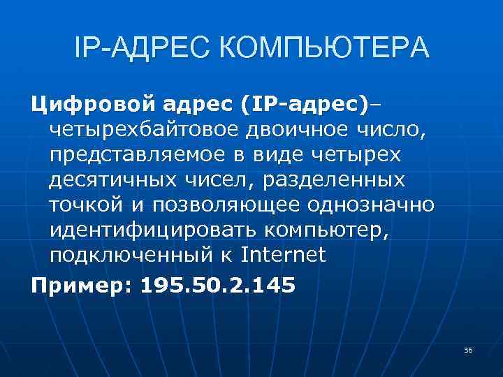 IP-АДРЕС КОМПЬЮТЕРА Цифровой адрес (IP-адрес)– четырехбайтовое двоичное число, представляемое в виде четырех десятичных чисел,