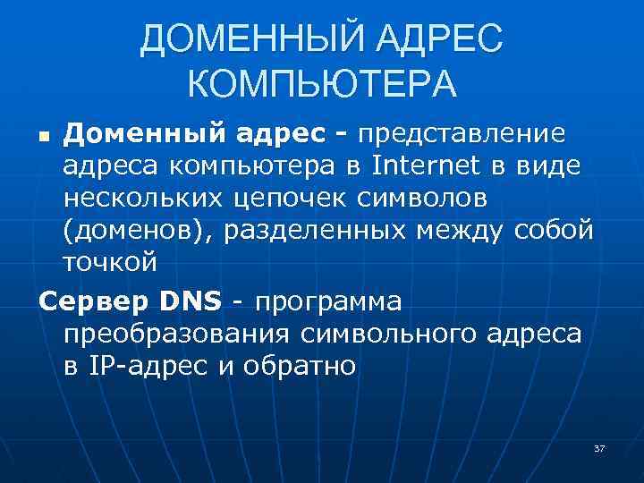 ДОМЕННЫЙ АДРЕС КОМПЬЮТЕРА Доменный адрес - представление адреса компьютера в Internet в виде нескольких