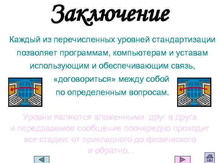 Заключение Каждый из перечисленных уровней стандартизации позволяет программам, компьютерам и уставам использующим и обеспечивающим