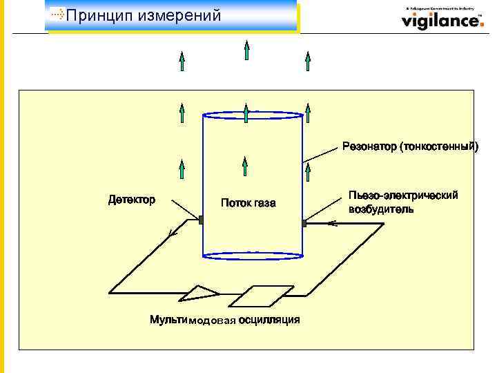 Принцип измерений Резонатор (тонкостенный) Детектор Поток газа Мультимодовая осцилляция Пьезо-электрический возбудитель 
