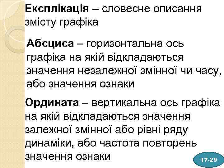 Експлікація – словесне описання змісту графіка Абсциса – горизонтальна ось графіка на якій відкладаються