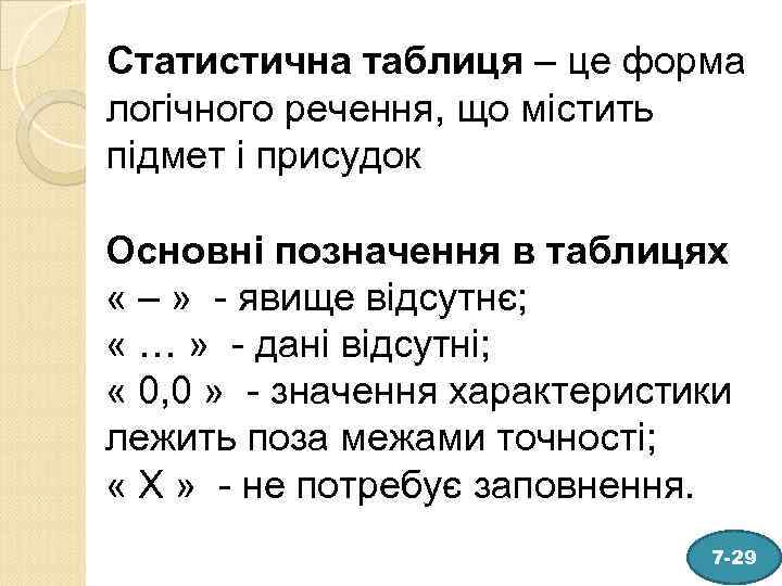 Статистична таблиця – це форма логічного речення, що містить підмет і присудок Основні позначення