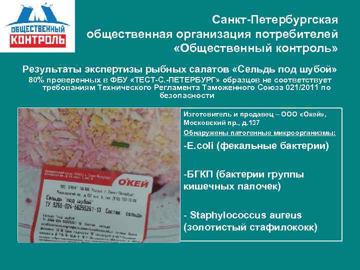 Санкт-Петербургская общественная организация потребителей «Общественный контроль» Результаты экспертизы рыбных салатов «Сельдь под шубой» 80%