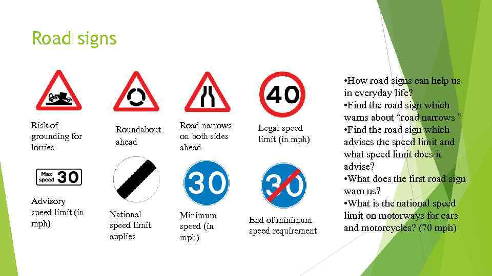 Road signs Risk of grounding for lorries Advisory speed limit (in mph) Roundabout ahead