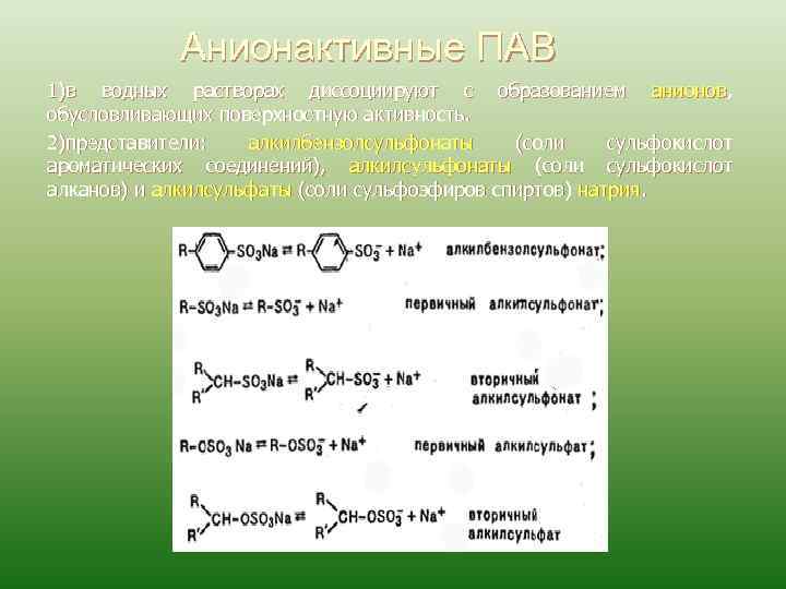 Анионактивные ПАВ 1)в водных растворах диссоциируют с образованием анионов, обусловливающих поверхностную активность. 2)представители: алкилбензолсульфонаты