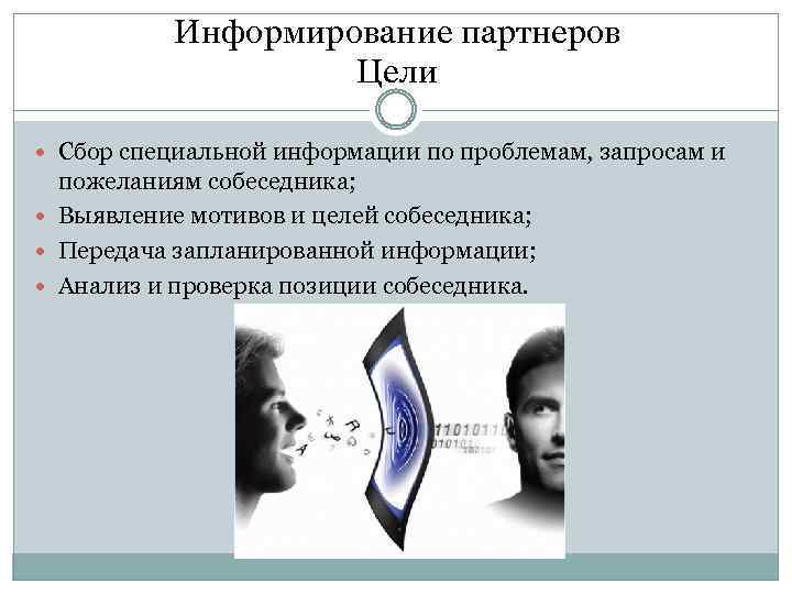 Информирование партнеров Цели Сбор специальной информации по проблемам, запросам и пожеланиям собеседника; Выявление мотивов