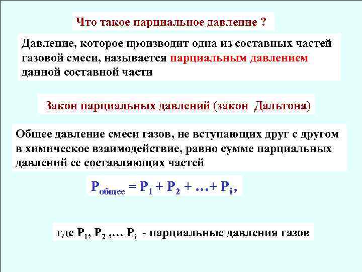 Что такое парциальное давление ? Давление, которое производит одна из составных частей газовой смеси,