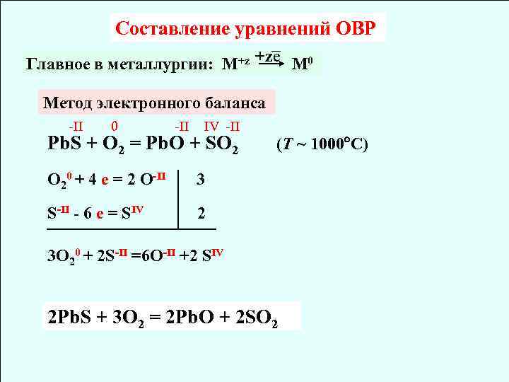 Составление уравнений ОВР Главное в металлургии: M+z +ze M 0 Метод электронного баланса -II