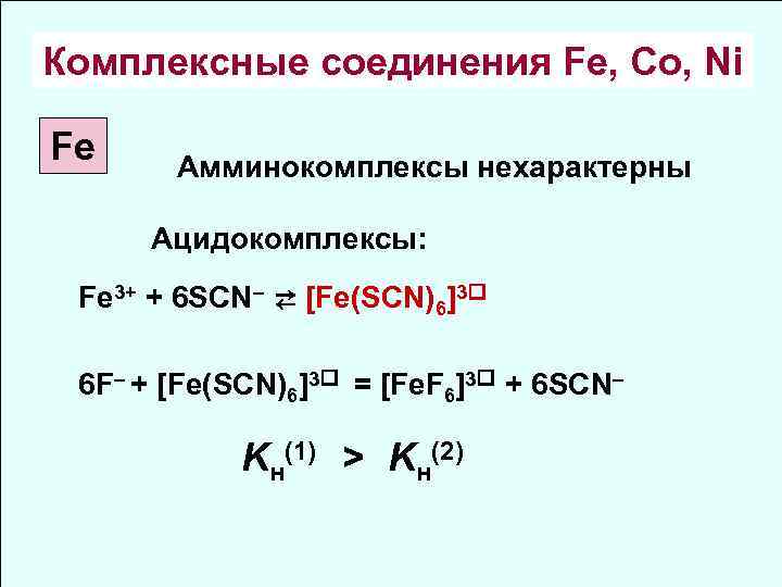 Комплексные соединения Fe, Co, Ni Fe Амминокомплексы нехарактерны Ацидокомплексы: Fe 3+ + 6 SCN–