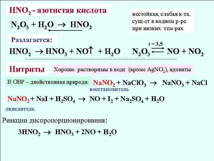 HNO 2 - азотистая кислота N 2 O 3 + H 2 O HNO