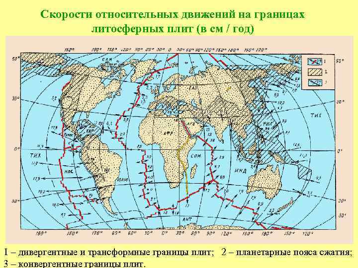 Скорости относительных движений на границах литосферных плит (в см / год) 1 – дивергентные