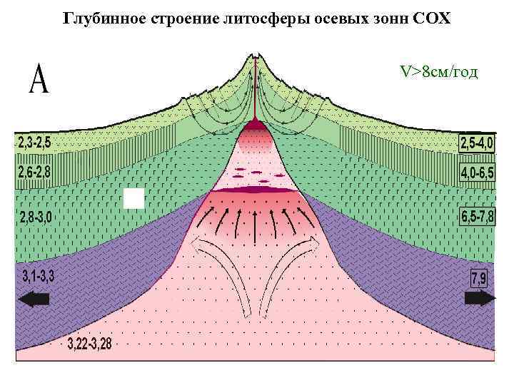 Глубинное строение литосферы осевых зонн СОХ V>8 см/год 