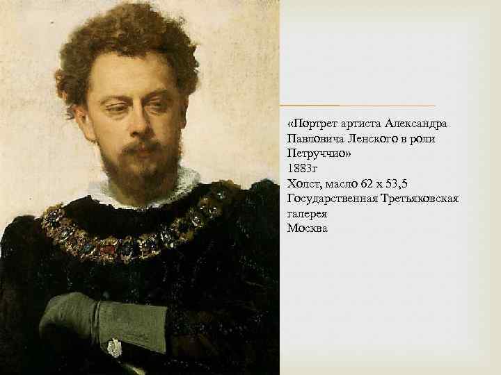  «Портрет артиста Александра Павловича Ленского в роли Петруччио» 1883 г Холст, масло 62