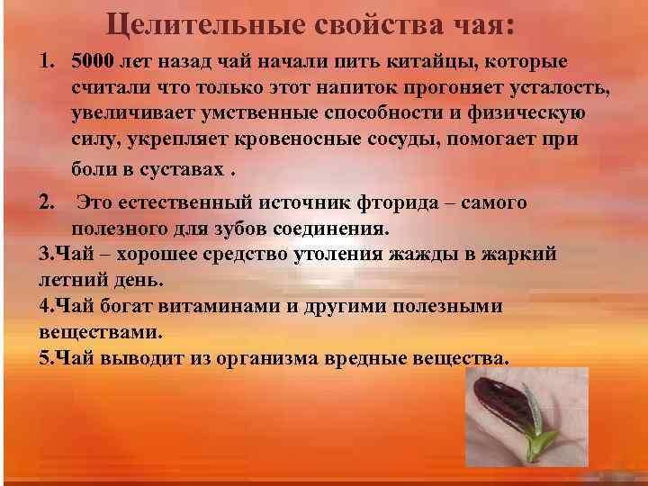 Целительные свойства чая: 1. 5000 лет назад чай начали пить китайцы, которые считали что