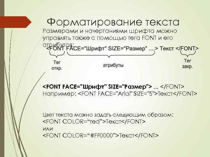Форматирование текста Размерами и начертаниями шрифта можно управлять также с помощью тега FONT и