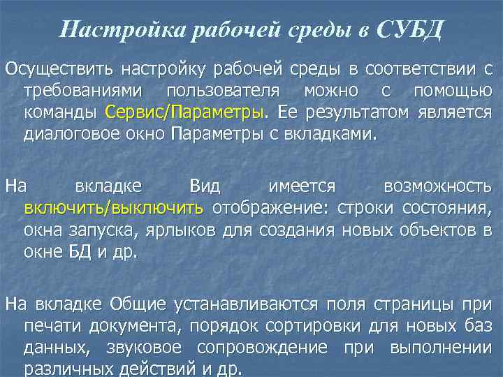 Настройка рабочей среды в СУБД Осуществить настройку рабочей среды в соответствии с требованиями пользователя