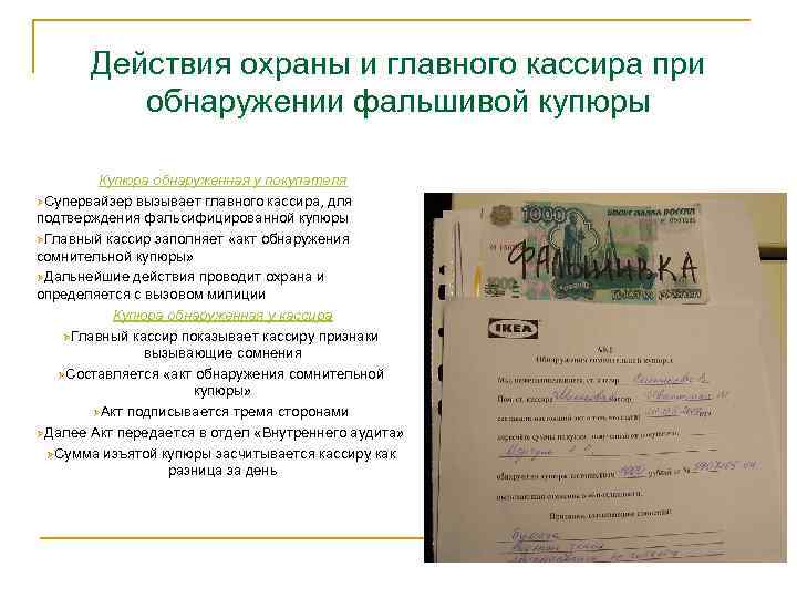 Действия охраны и главного кассира при обнаружении фальшивой купюры Купюра обнаруженная у покупателя ØСупервайзер