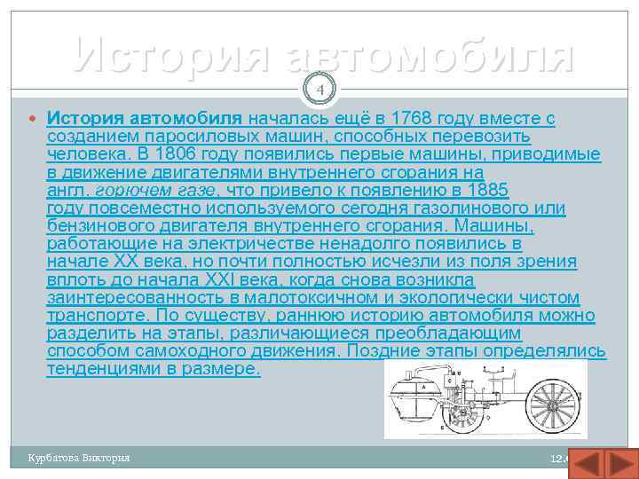 История автомобиля 4 История автомобиля началась ещё в 1768 году вместе с созданием паросиловых