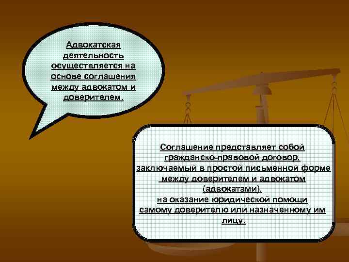 Адвокатская деятельность осуществляется на основе соглашения между адвокатом и доверителем. Соглашение представляет собой гражданско-правовой