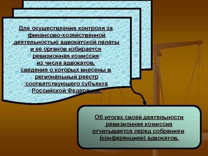 Для осуществления контроля за финансово-хозяйственной деятельностью адвокатской палаты и ее органов избирается ревизионная комиссия