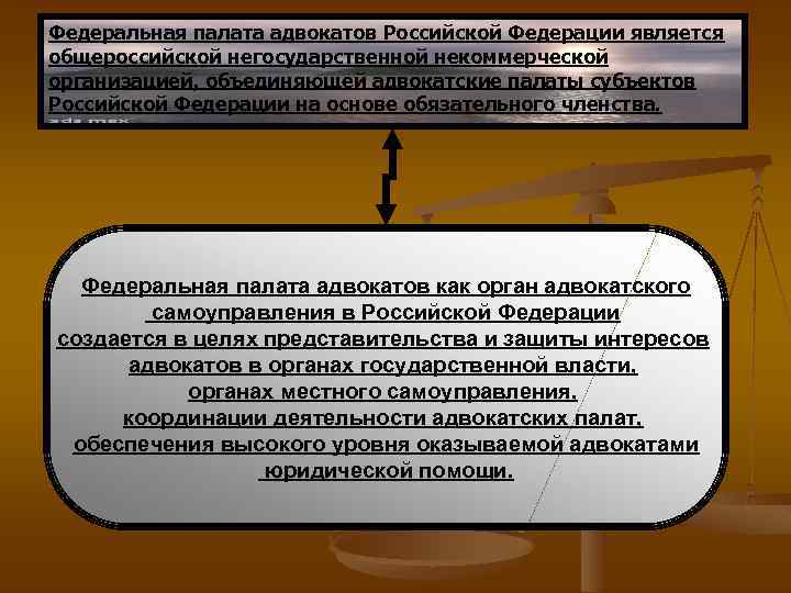 Федеральная палата адвокатов Российской Федерации является общероссийской негосударственной некоммерческой организацией, объединяющей адвокатские палаты субъектов