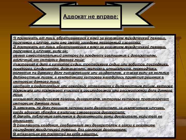 Адвокат не вправе. Оказание юридической помощи в уголовном судопроизводстве. Адвокат вправе. Квалифицированной юридической помощи в уголовном процессе. Процессуальное положение адвоката.