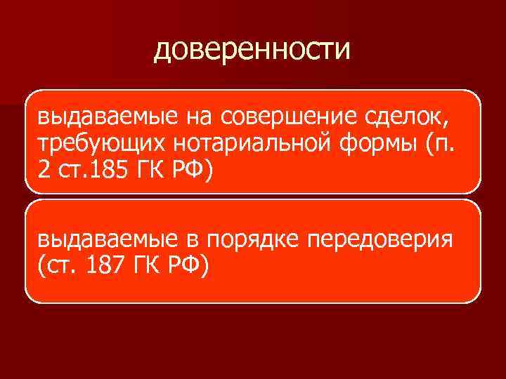 доверенности выдаваемые на совершение сделок, требующих нотариальной формы (п. 2 ст. 185 ГК РФ)