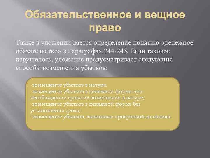 Обязательственное и вещное право Также в уложении дается определение понятию «денежное обязательство» в параграфах