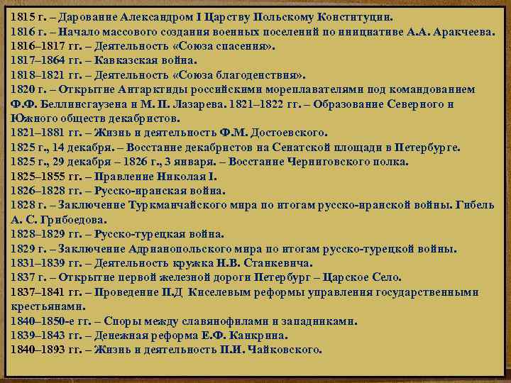 1815 г. – Дарование Александром I Царству Польскому Конституции. 1816 г. – Начало массового