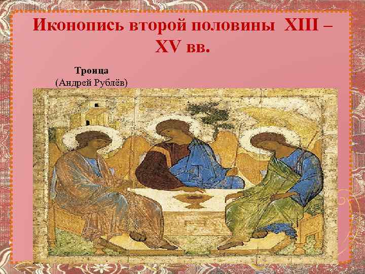Иконопись второй половины XIII – XV вв. Троица (Андрей Рублёв) 