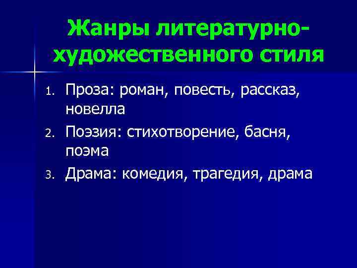 Жанры литературнохудожественного стиля 1. 2. 3. Проза: роман, повесть, рассказ, новелла Поэзия: стихотворение, басня,